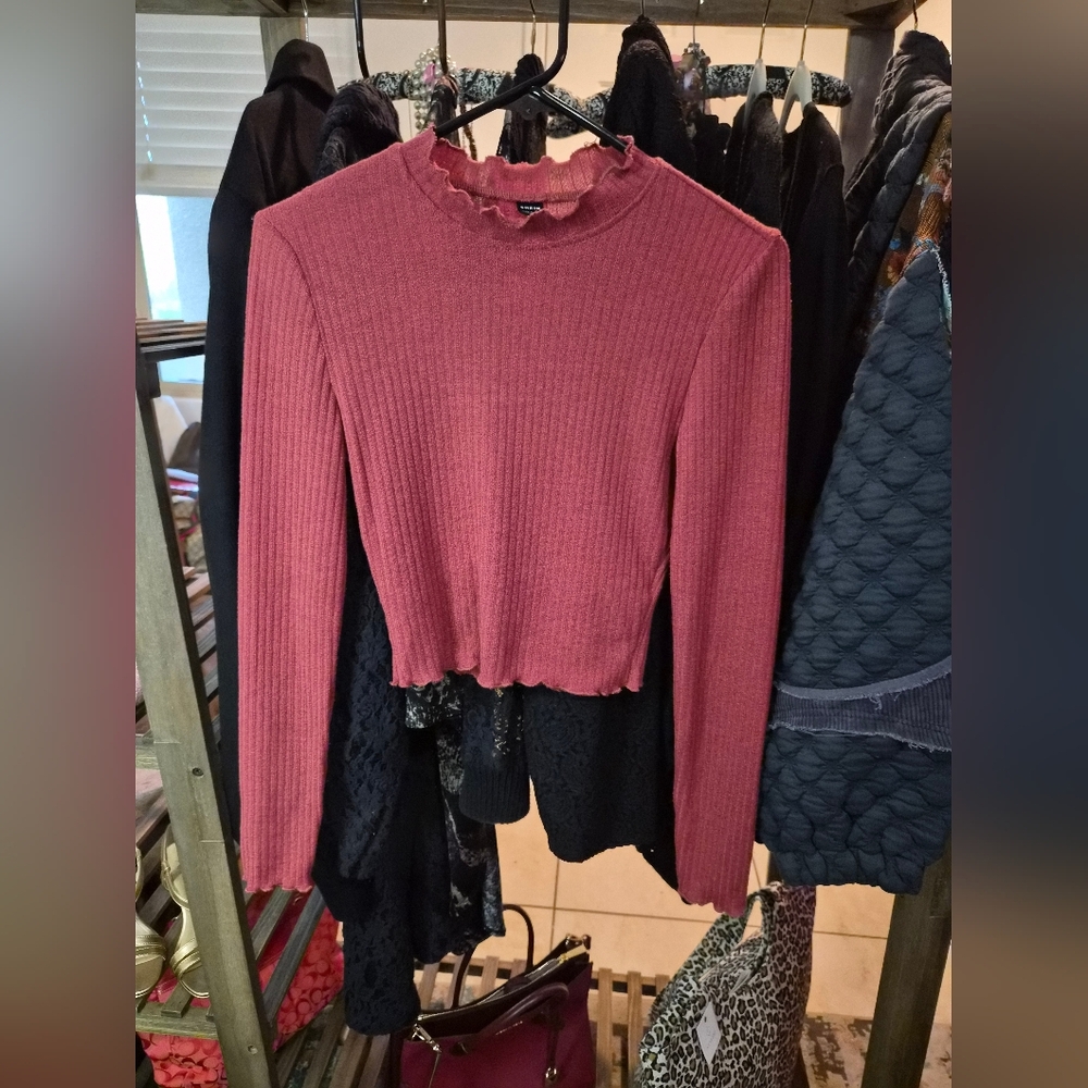 Ruffle Neck Ribbed Long Sleeve Top - Red #0212